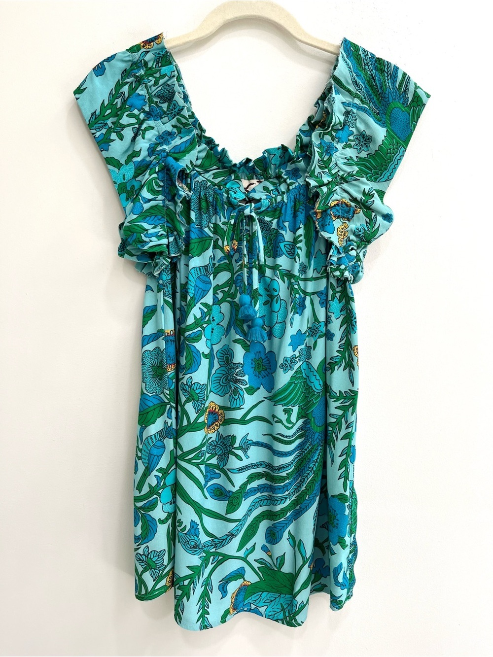 Figue Gianna Drawstring Sleeveless Ruffle Blouse Top Blue Green Novelty Bird XL